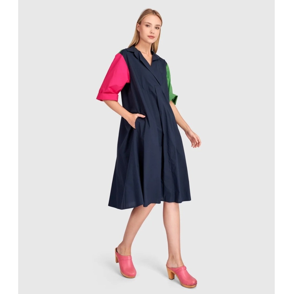 Alembika Splash Popover Dress Womens 7 Navy Multi Oversized Lagenlook A-Line